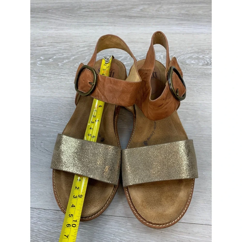 Sofft Women's 7.5 Brown Gold Metallic Leather Buckle Ankle Strap Sandals Shoes